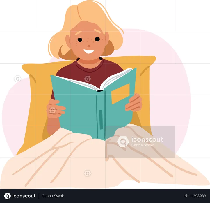 Linda niñita leyendo un libro de cuentos en papel en la cómoda cama de su casa antes de acostarse  Ilustración