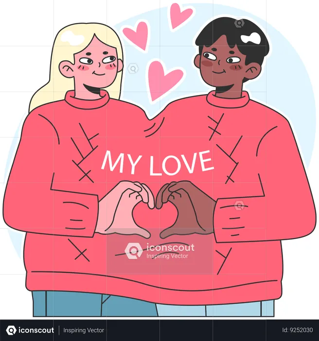 Linda pareja interracial compartiendo suéter y corazones  Ilustración