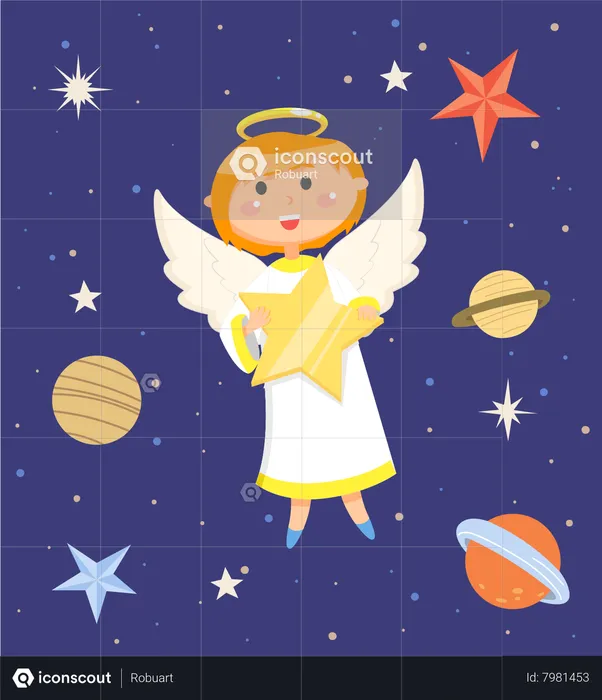 Anjo fofo com estrela voando no céu  Ilustração