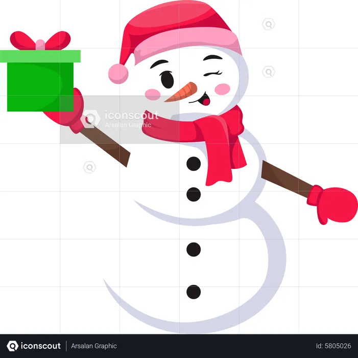 Boneco de neve fofo segurando um presente  Ilustração