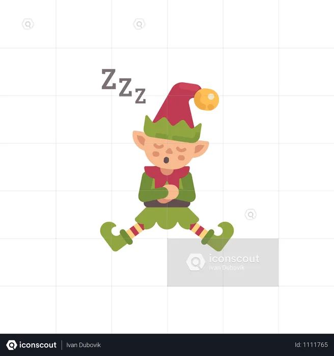 Lindo elfo navideño durmiendo después de un día duro  Ilustración