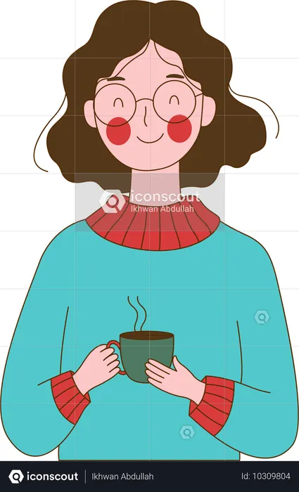 Lindo personaje de chica nerd inocente sosteniendo una taza de café  Ilustración