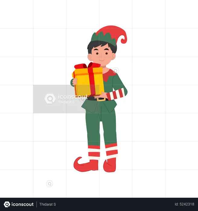 Lindo menino duende de natal com caixa de presente  Ilustração