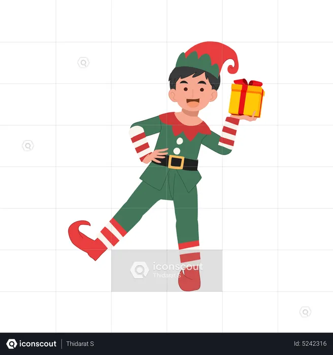 Lindo menino duende de natal com caixa de presente  Ilustração