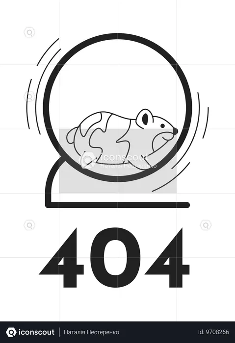 Lindo hámster corriendo rápido en rueda negro blanco error 404  Ilustración
