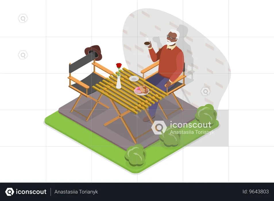 Homem idoso fofo relaxando em uma cafeteria  Ilustração