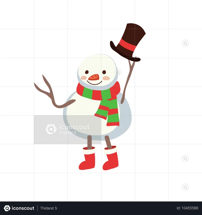 Lindo muñeco de nieve con traje de invierno sosteniendo un sombrero en la mano  Ilustración