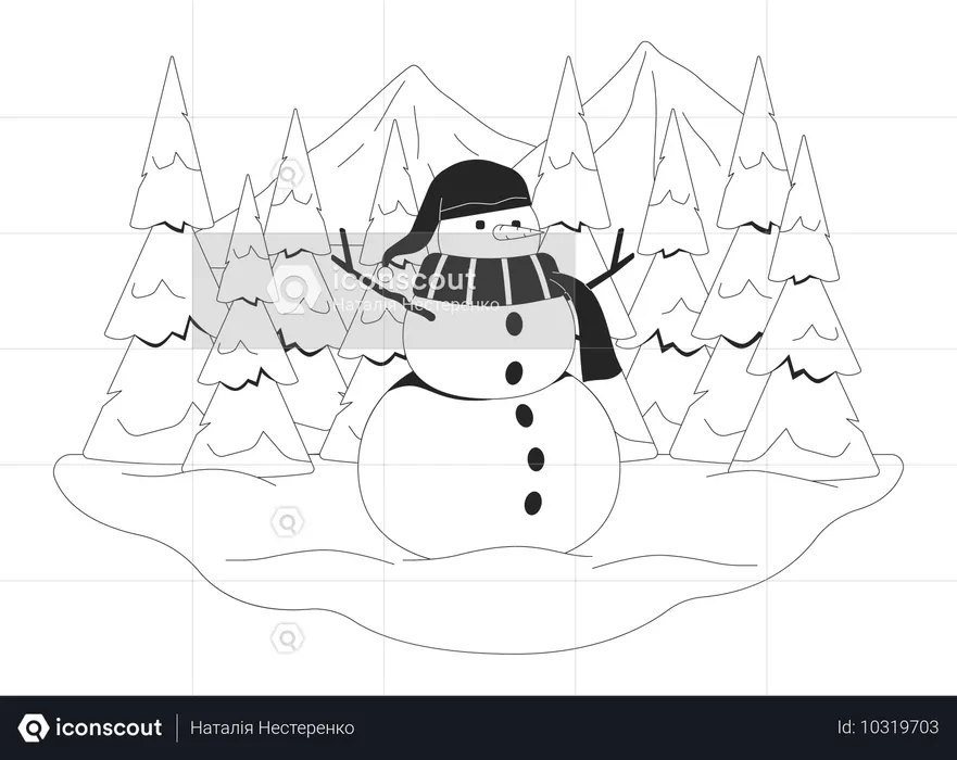 Lindo muñeco de nieve en medio de bosques y montañas nevados  Ilustración