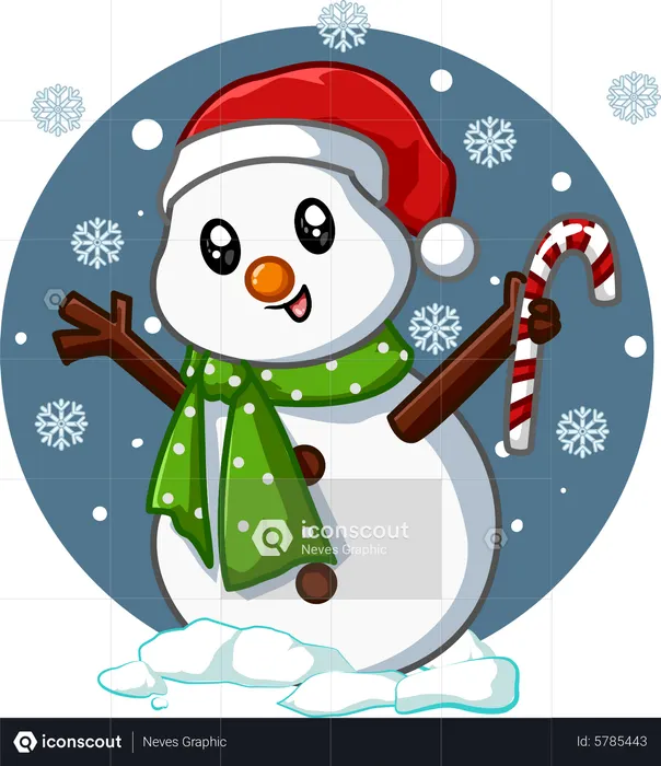 Lindo muñeco de nieve trae dulces navideños en invierno  Ilustración