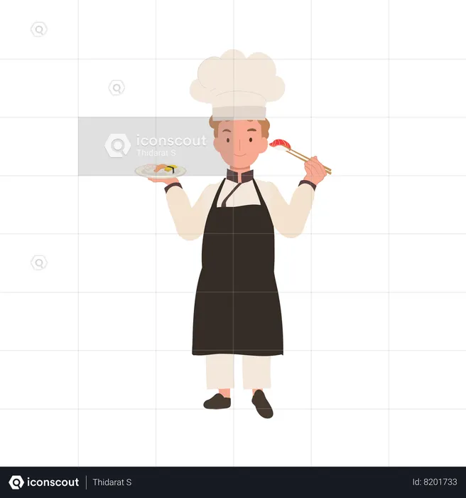 Lindo niño chef disfrutando de sushi con palillos  Ilustración