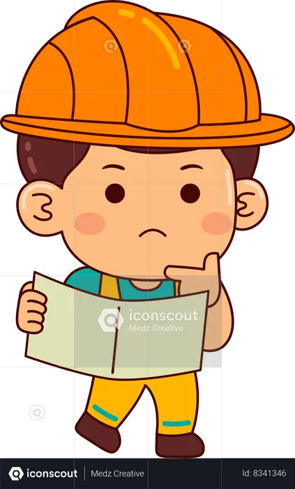 Lindo chico constructor con plan de construcción  Ilustración