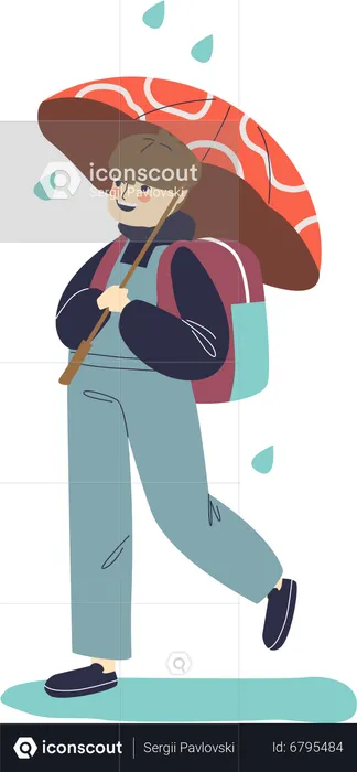 Lindo colegial caminando bajo el paraguas en tiempo lluvioso con mochila a la escuela  Ilustración