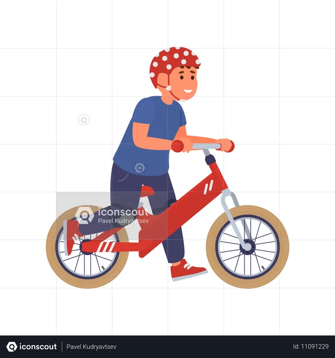 Lindo niño feliz con casco de seguridad y bicicleta para correr  Ilustración