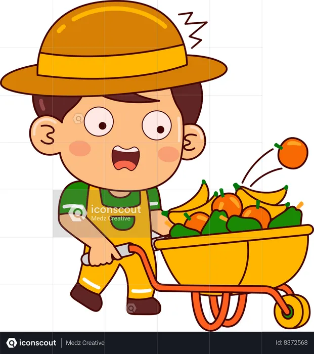 Lindo niño granjero con cubo de frutas  Ilustración