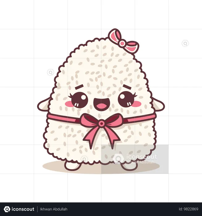 Lindo onigiri con cinta rosa con expresión de sonrisa  Ilustración