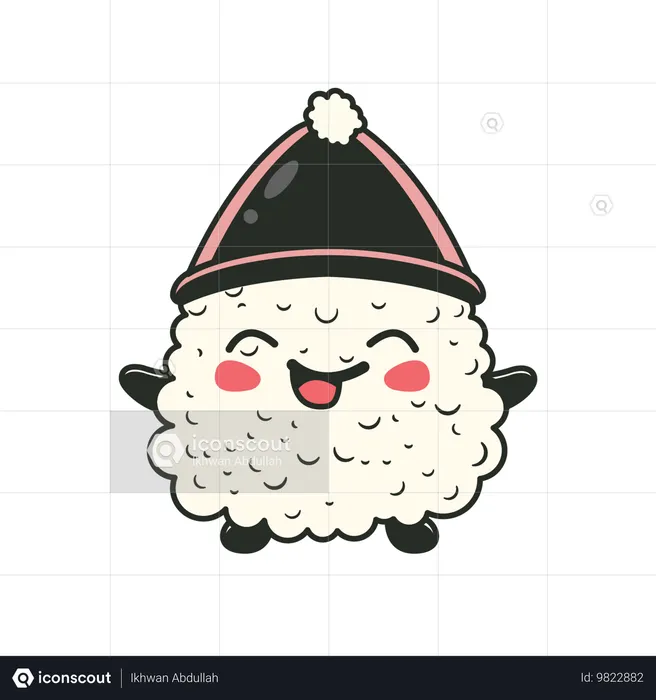 Lindo onigiri con sombrero cónico con expresión de sonrisa  Ilustración