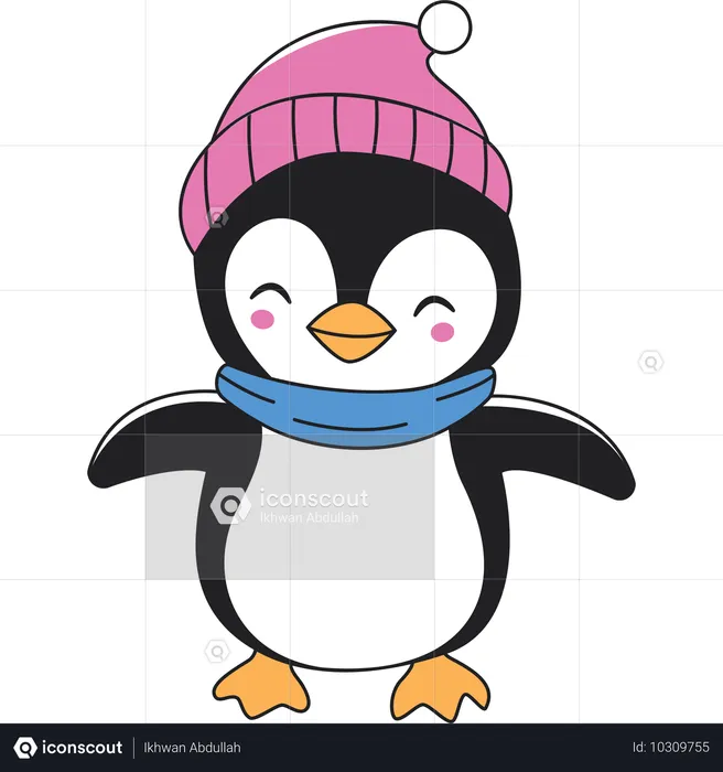 Lindo personaje de pingüino con sombrero chal en invierno  Ilustración