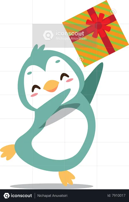 Lindo pingüino feliz lanzando regalo de Navidad  Ilustración