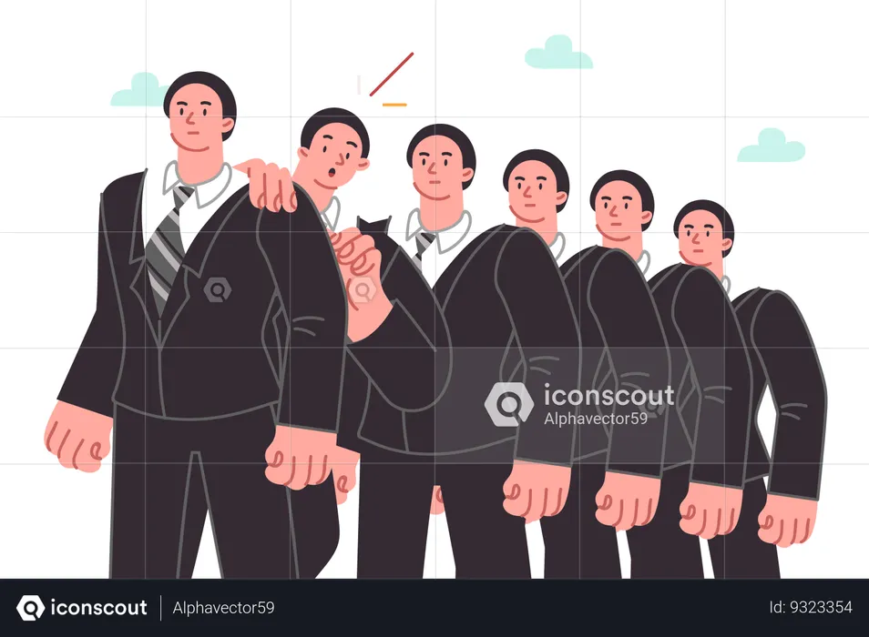 Line of brave businessmen and one frightened guy waiting for interview for position of manager  Illustration