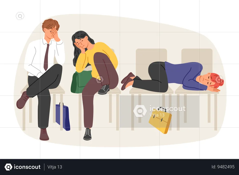 Line of people at labor exchange sleeping on chairs and waiting for new vacant position in company  Illustration