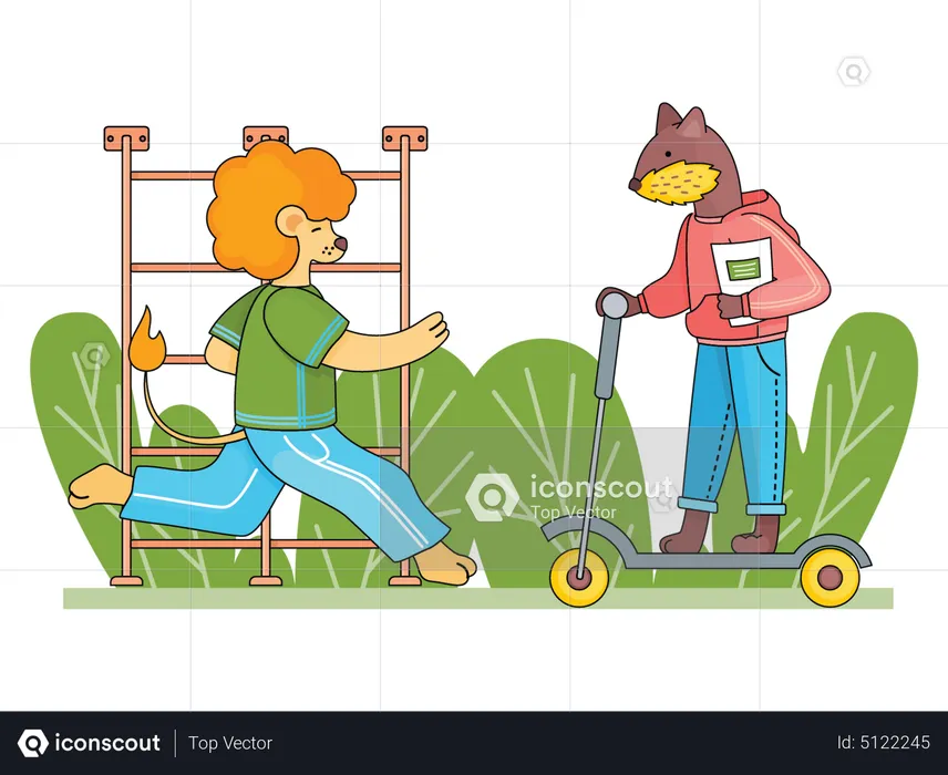 Lion and fox playing in school park  Illustration
