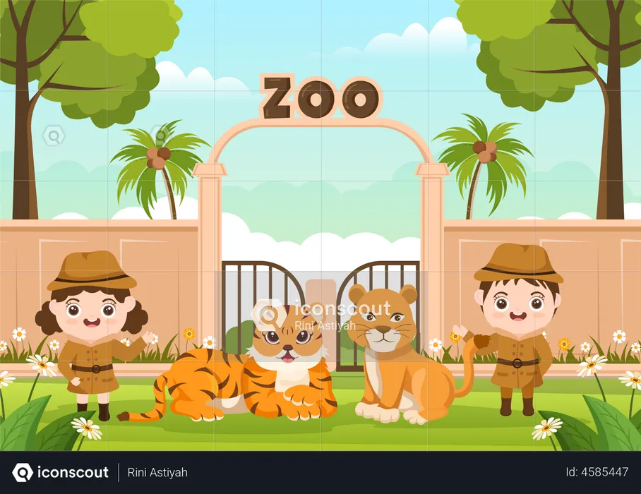 Lion and tiger with kids  Illustration