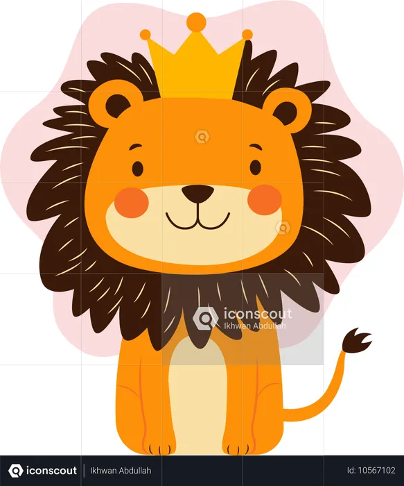 Lion avec une couronne debout avec une expression heureuse  Illustration