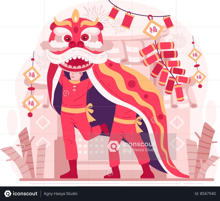 Lion Dance Performers Dancing in the Chinese New Year Celebration  Illustration