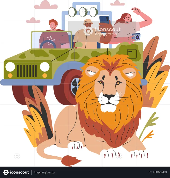 Des gens qui regardent un lion au zoo  Illustration