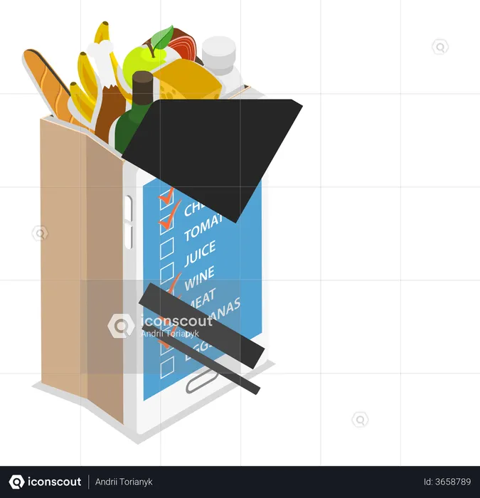Lista de compras de comestibles móvil  Ilustración