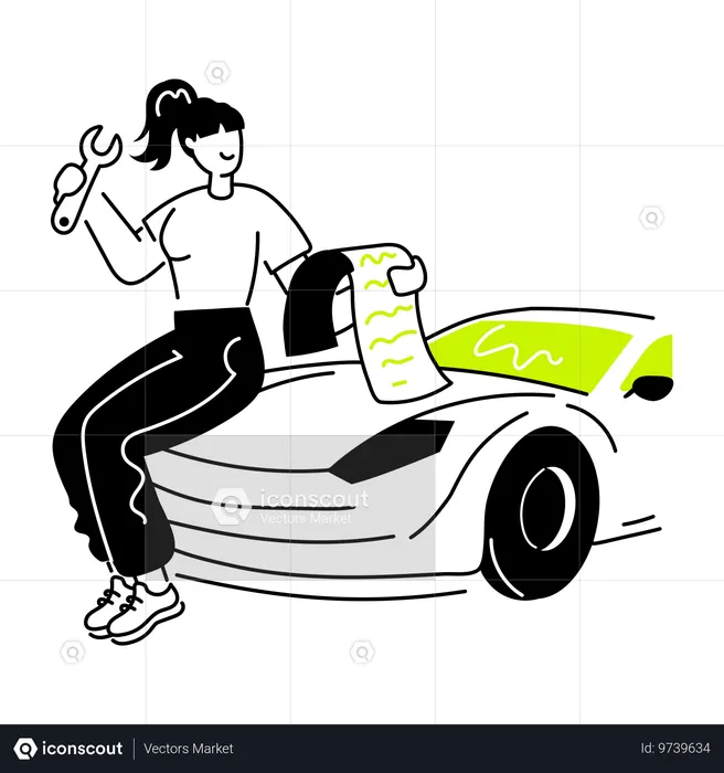 Chica con lista de servicios de coche  Ilustración