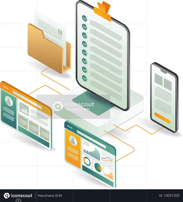 Una lista de verificación de documentos que se muestra en la pantalla de un teléfono y una tableta  Ilustración