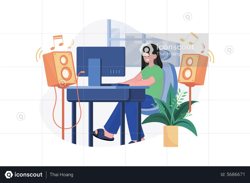 Listening to music while doing work from home  Illustration