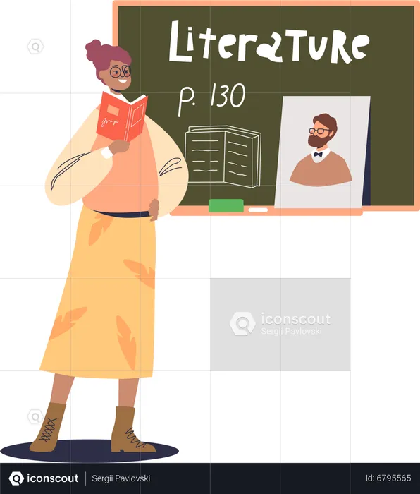 Literature teacher at blackboard explaining reading lesson  Illustration
