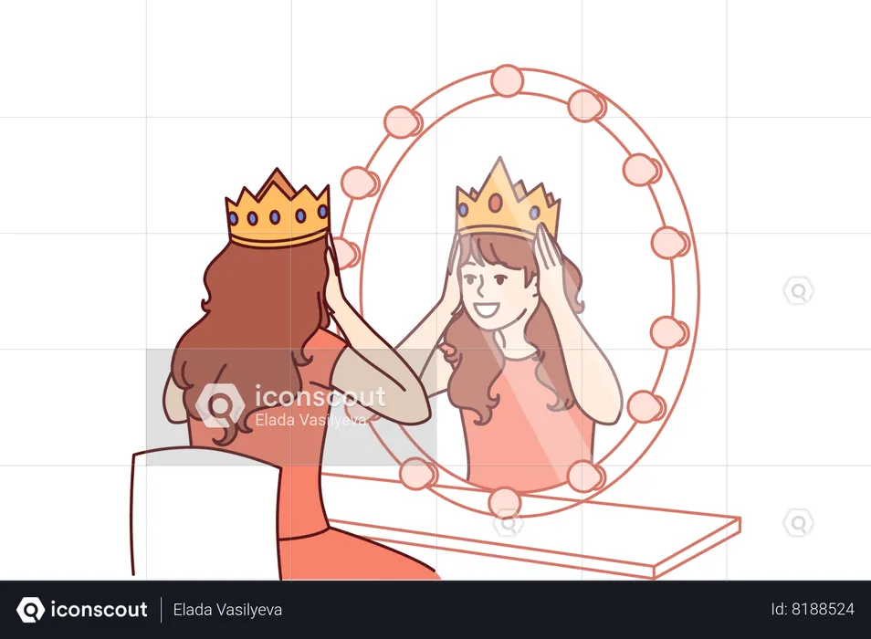 Little actress tries on crown sitting near mirror and dreams of playing role of princess on theater  Illustration
