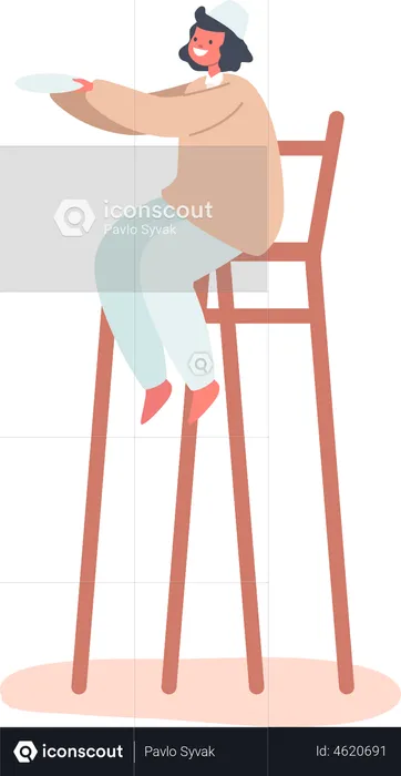 Little Arab Boy Sitting on High Stool and Holding Plate in Hands  Illustration