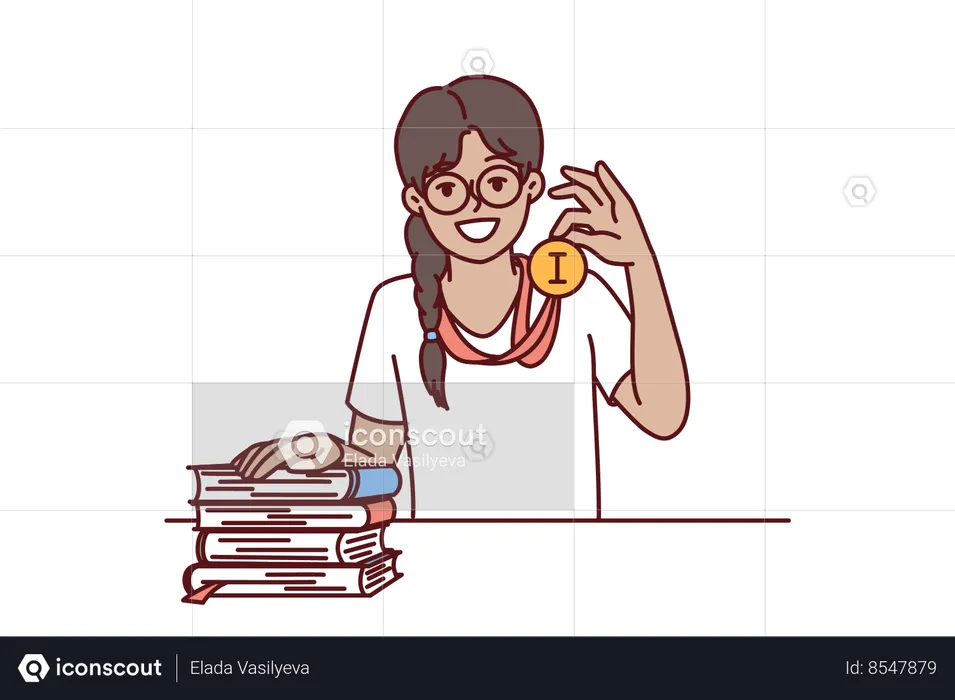 Little asian girl shows medal proudly boasts award received for excellent knowledge  Illustration
