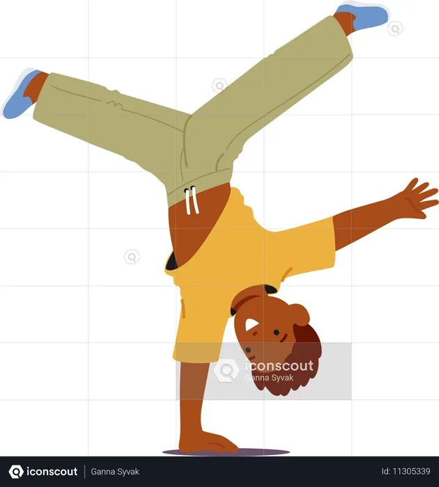 Little athletic boy kid experiencing handstand upside down performing show  Illustration