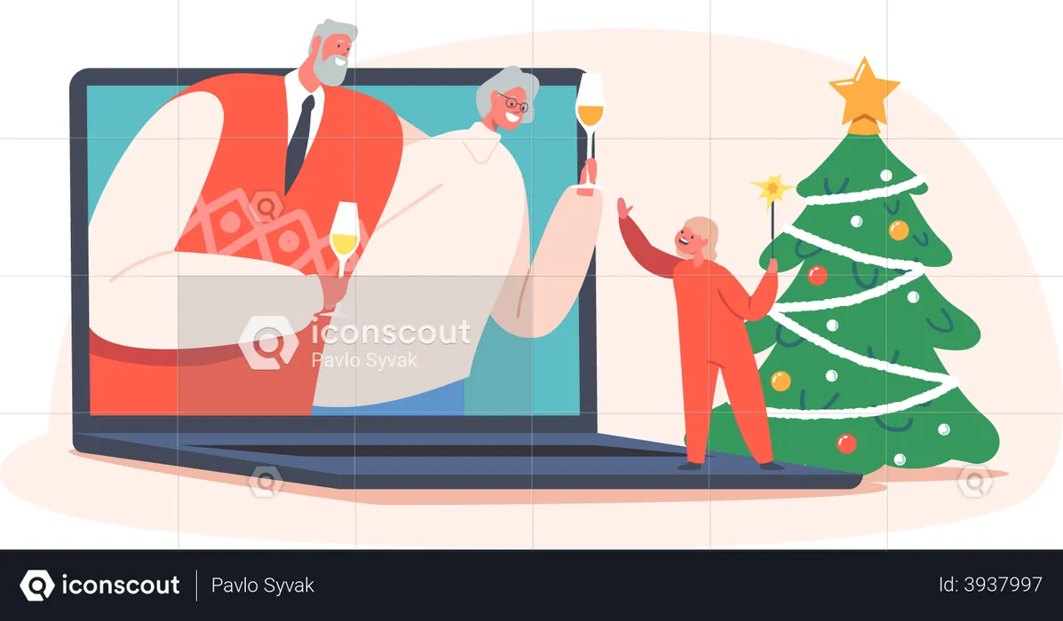 Little Baby Clinking Glass with Grandparents on Laptop Screen  Illustration