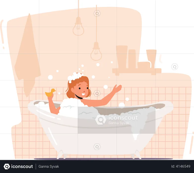 Little Baby Enjoying Bathing in Bathtub  Illustration
