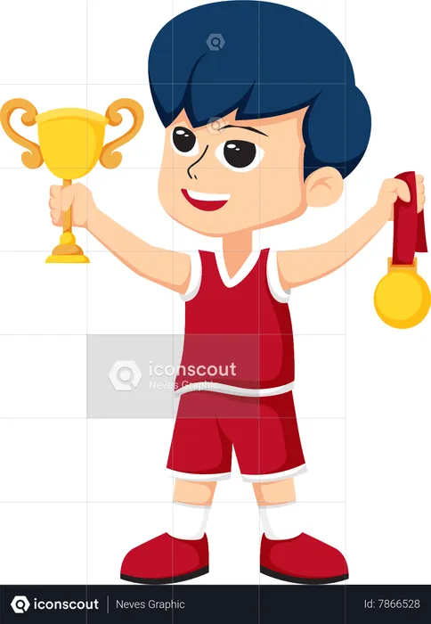 Little Basketball Player holding trophy and medal  Illustration