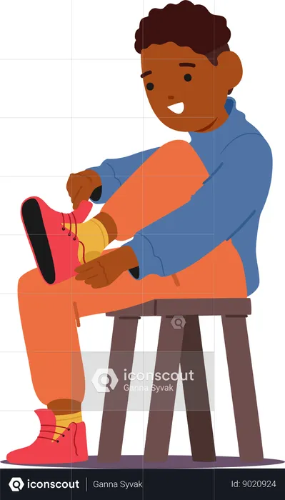 Little Black Boy Puts On Shoes  Illustration