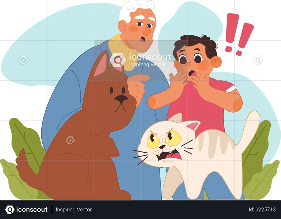 Little boy amazed by cat and dog fight  Illustration