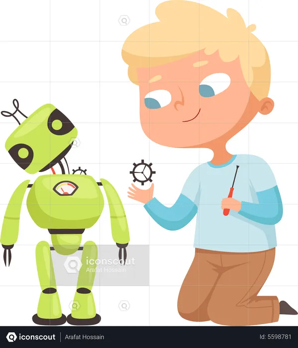 Little boy analyzing robot  Illustration