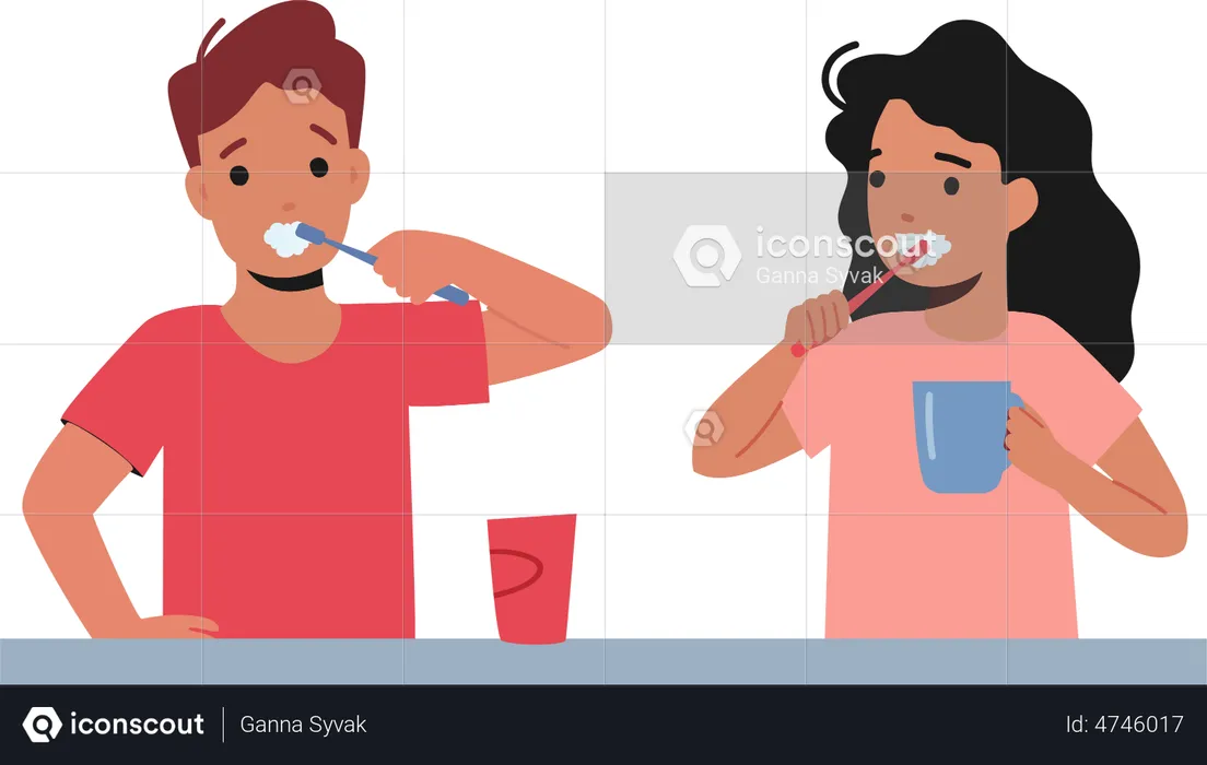 Little Boy and Girl Brushing Teeth  Illustration