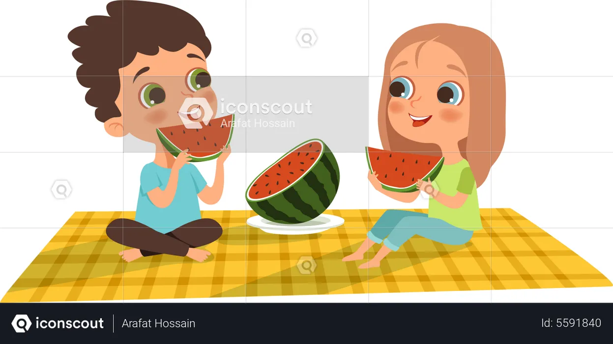 Little boy and girl eating watermelon on picnic  Illustration