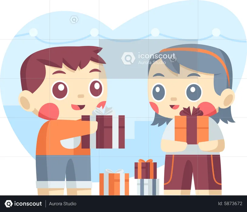 Little boy and girl exchanging New Year Gift  Illustration