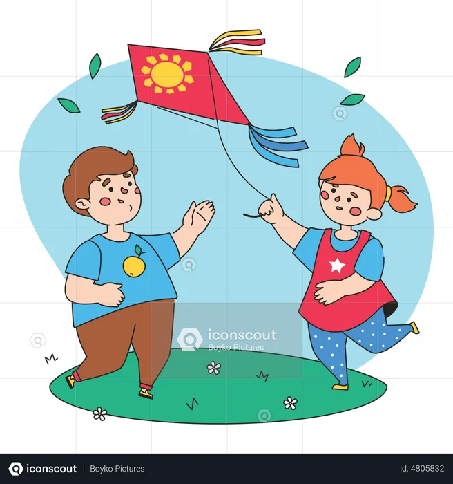 Little boy and girl flying kite  Illustration