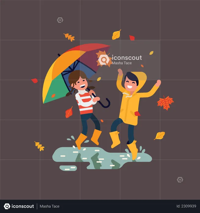 Little boy and girl having fun outside wearing rubber boots, yellow raincoat and rainbow colored umbrella  Illustration