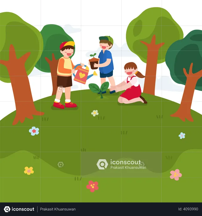 Little boy and girl planting tree  Illustration